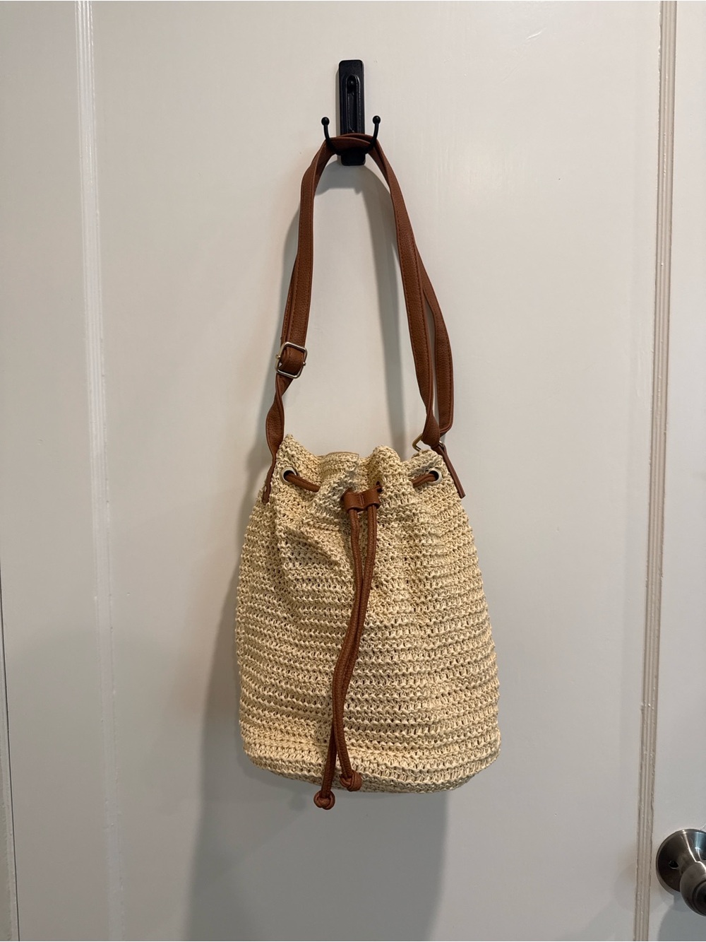 Straw Drawstring Bucket Bag with Brown Leather Trim